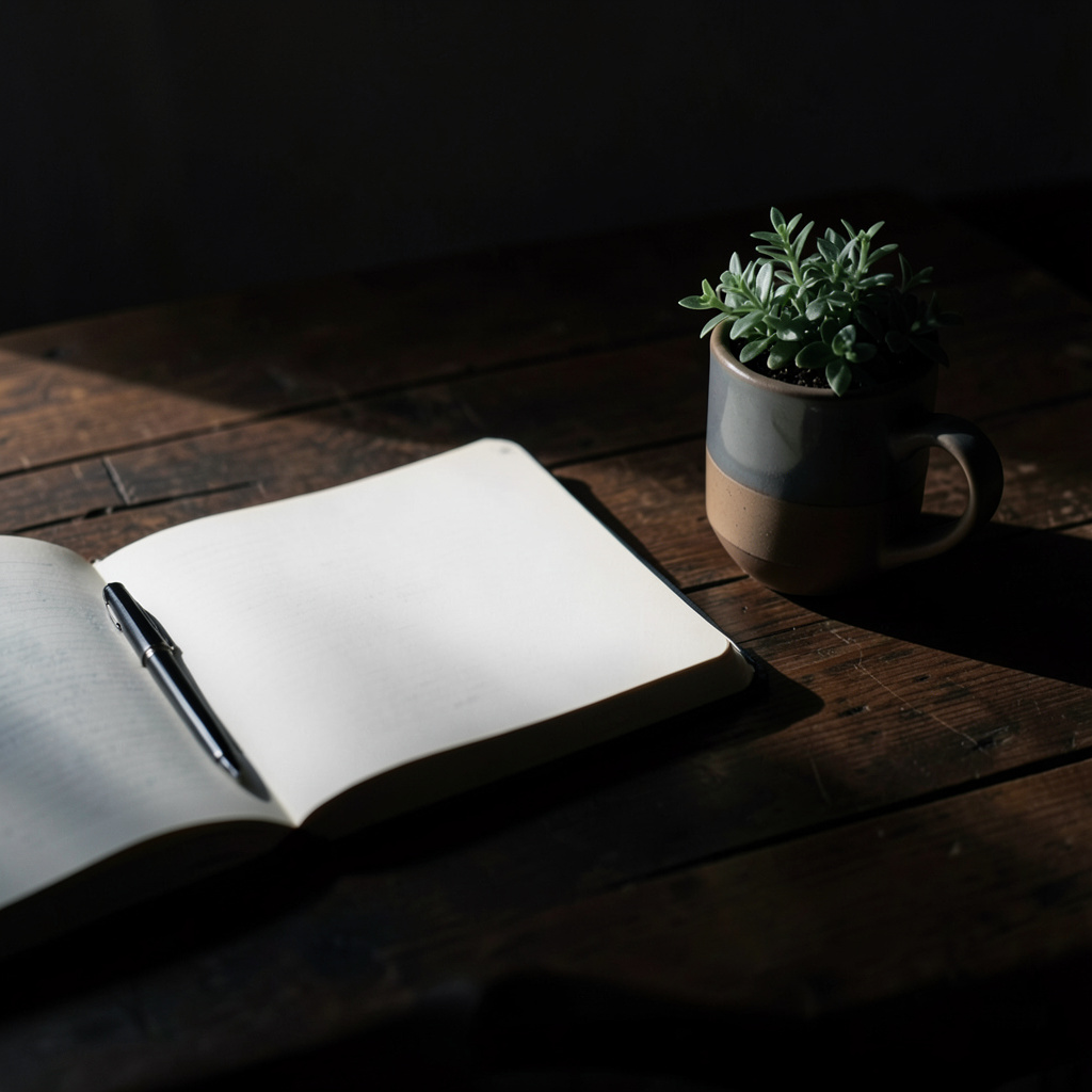 Ambiente de trabalho sereno com um caderno aberto, uma caneca de chá e uma planta pequena sobre uma mesa de madeira escura, iluminado por luz suave.