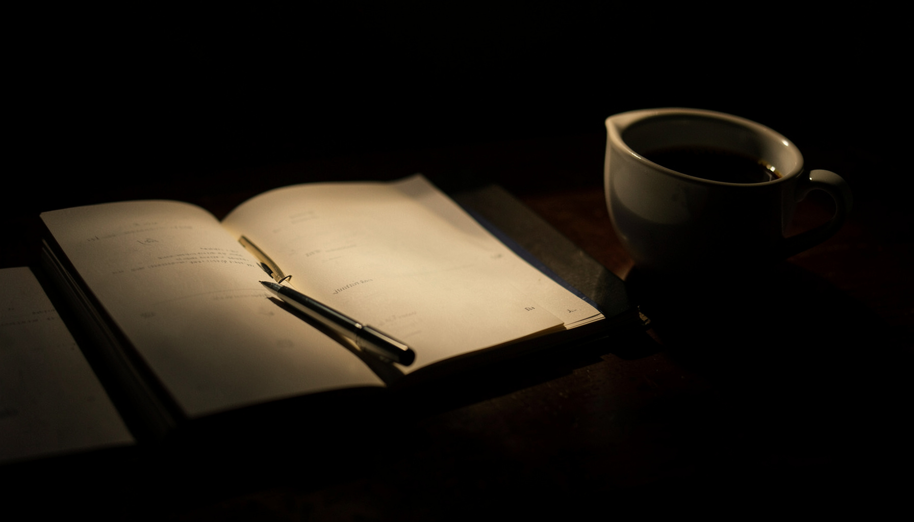Mesa de trabalho escura com caderno aberto, caneta metálica e chávena de café, iluminada por luz suave e quente