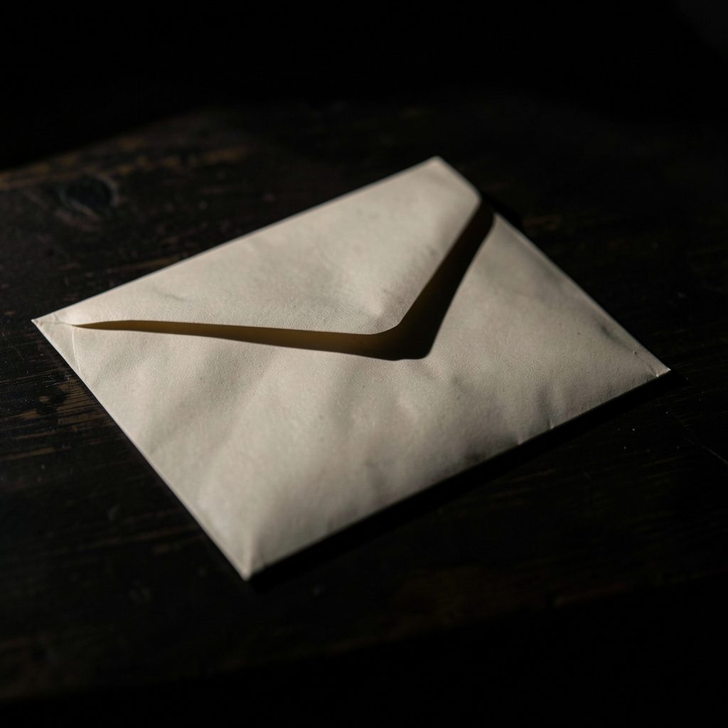 Envelope de papel sobre mesa escura com luz suave, transmitindo calma e foco