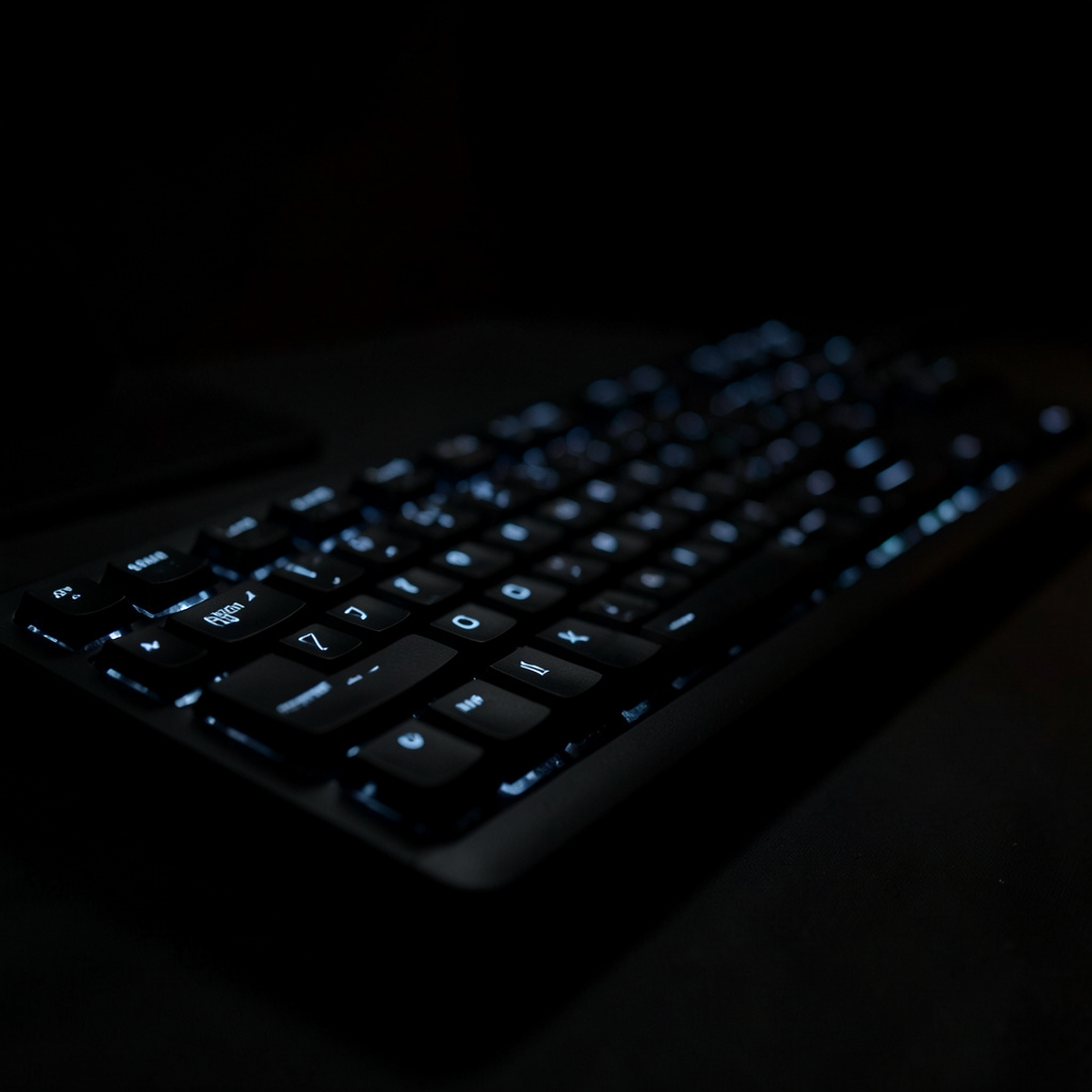 Teclado de computador em close com iluminação discreta, fundo escuro e atmosfera concentrada